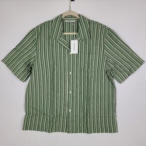 NWT Wood Wood Johan Dobby Bright Green Striped S/S Button Down Shirt Size XL